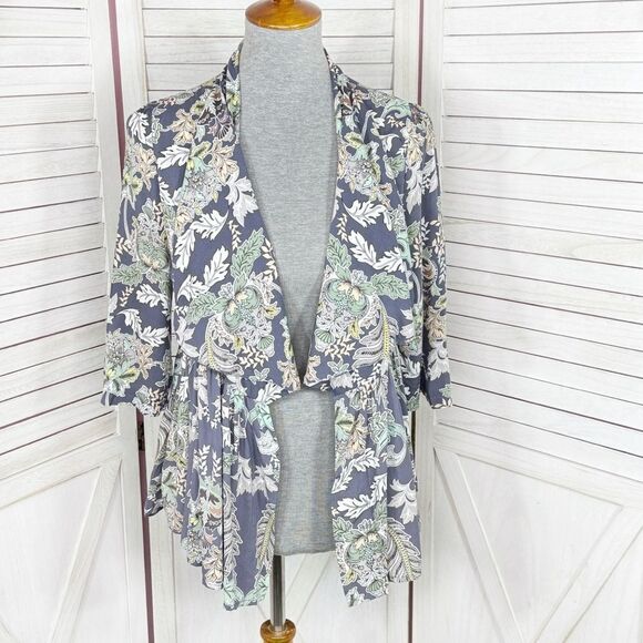 JAASE Floral Open Waterfall Ruffle Hem Topper Cardigan Jacket Blue Small - Picture 1 of 13
